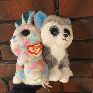 Ty Multicolored Bunny and Gray Husky Plush Duo